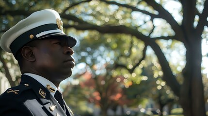A solemn figure in uniform stands attentively under a tree, reflecting a moment of duty.