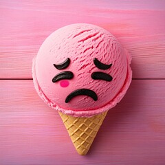 A sad pink ice cream scoop with a cone on a pink background.