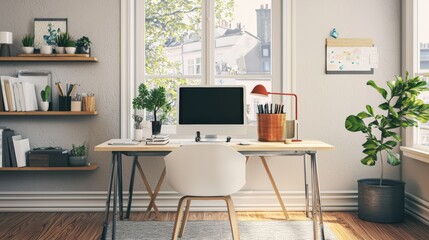 A clean and organized office space with a white desk, a computer monitor