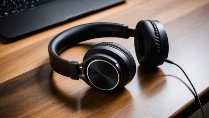 A pair of black over-ear headphones with a sleek design rests on a wooden desk. The right side features a connecting cable, near a laptop.