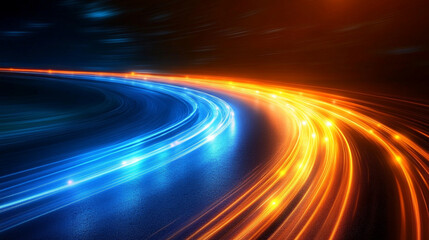 blue and yellow neon lights in fast motion, creating an abstract, futuristic effect that symbolizes speed, energy, innovation, and dynamic transformation