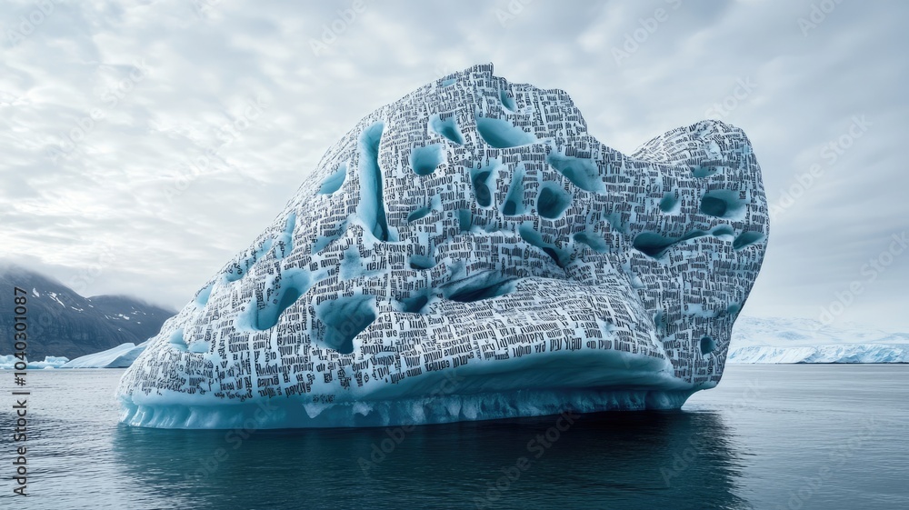 Aufkleber intricate iceberg covered with what seems like script, floating in icy waters under cloudy sky