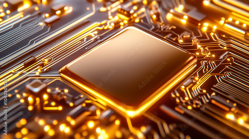 Poster a macro shot reveals the fine details and patterns of a microchip with illuminated circuits and a me