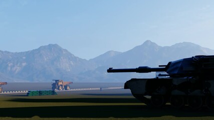 Convoy and tank passing through military headquarters