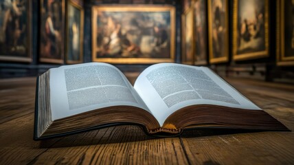 Obraz premium Open book in art gallery with framed paintings