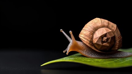 Geometricstyle snail on leaf against a black background 