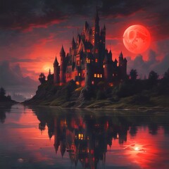 Naklejka premium Illustration of nightmare castle with red moon behind.