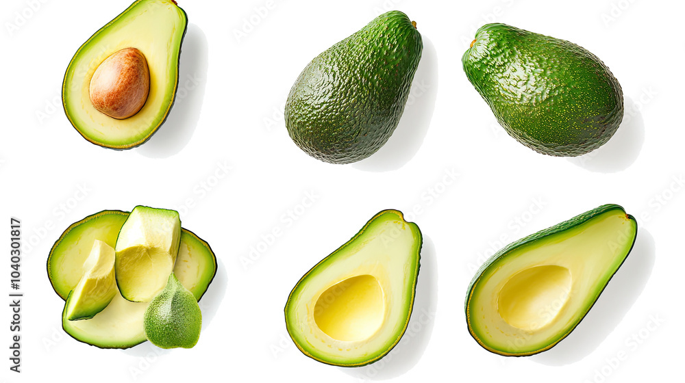 Poster fresh avocados in different cuts on white background generative ai