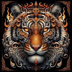 Fototapeta premium Ultra-Realistic 8K Digital Illustration of a Fierce Tiger with Intricate Thai Art Motifs: Majestic, Fiery Patterns, Symmetrical Ornaments, and Mystical Elements in Vibrant Colors