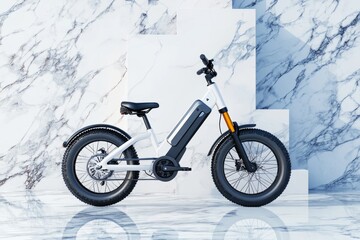 A modern electric bike with thick tires, set against a sleek marble background, showcasing innovative design and mobility.