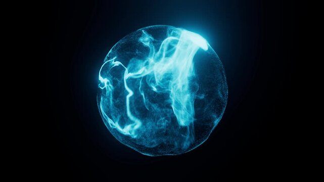 Blue energy ball on black background. Bright sphere with shiny particle motion inside. Power core element for cyber animation concept. Seamless loop.