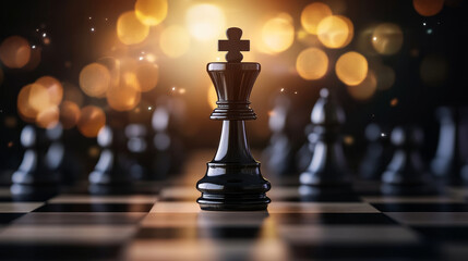 close up of black king chess piece stands prominently on chessboard, surrounded by blurred pieces and warm, glowing background. image evokes sense of strategy and competition