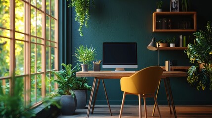 A computer desk with a yellow chair and a computer monitor