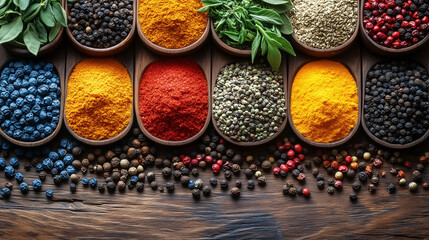 Fototapeta premium A variety of colorful spices are neatly arranged in wooden bowls on a rustic counter, highlighting culinary diversity