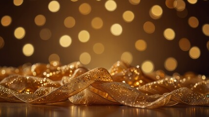 Soft golden organza background with blurred amber lights creating an ethereal glow