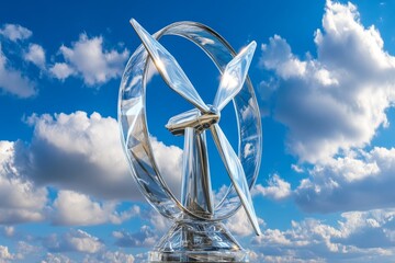 A modern wind turbine model glistens under a blue sky, surrounded by fluffy clouds, symbolizing renewable energy and technological innovation.