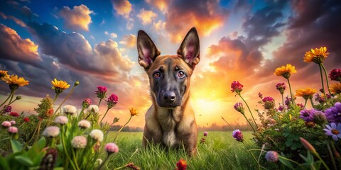Fototapeta premium Surreal Belgian Malinois Puppy in Enchanted Grassland - Dreamy Canine Photography