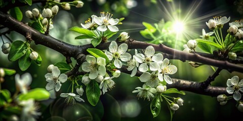 Obraz premium Surreal Blooming Ranetka: Close-Up of White Small Flowers on Branch in Summer Sunlight