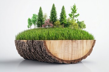 A cross-section of a log supports lush green grass and various trees, symbolizing nature and environmental sustainability.