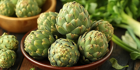 bunch of fresh, ripe, and colorful organic artichokes, symbolizing health, longevity, and natural abundance. Their intricate petals represent growth, protection, and layers of complexity