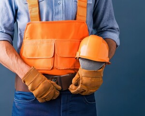 Worker in a scaffold wearing a tool belt, construction safety and tools for the job