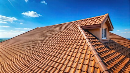 Aerial view of composite roof tile on house against blue sky