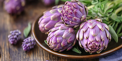 Fototapeta premium bunch of fresh, ripe, and colorful organic artichokes, symbolizing health, longevity, and natural abundance. Their intricate petals represent growth, protection, and layers of complexity