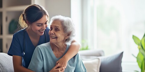 Young nurse comforts elderly woman in a bright, minimalistic living room with relaxed smiles