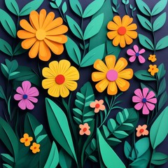 A vibrant arrangement of colorful paper flowers and leaves.