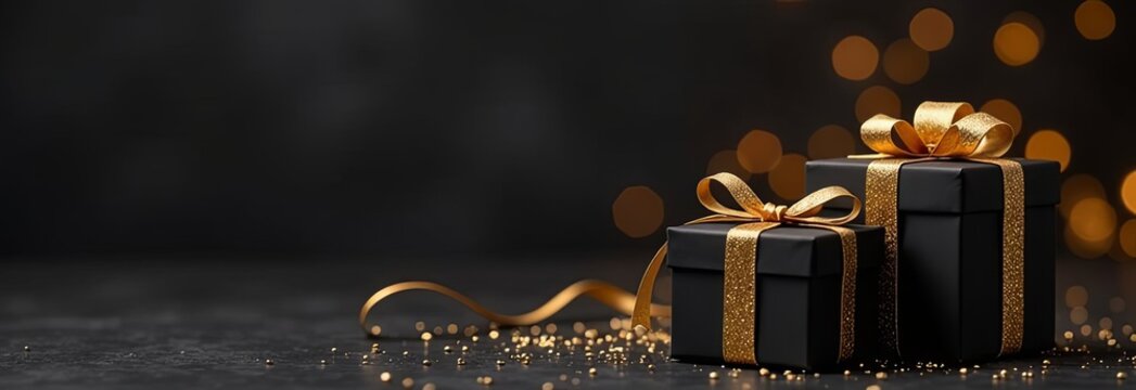 Two black gift boxes with golden bows on a dark background with blurred bokeh. Banner for christmas gift, black friday, big sale. Retail promotions, discount events, social media marketing