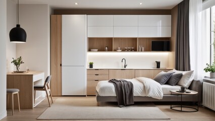 Fototapeta premium A modern bedroom with wooden elements features a cozy bed, sleek desk setup, built-in shelves, and natural light through large windows.