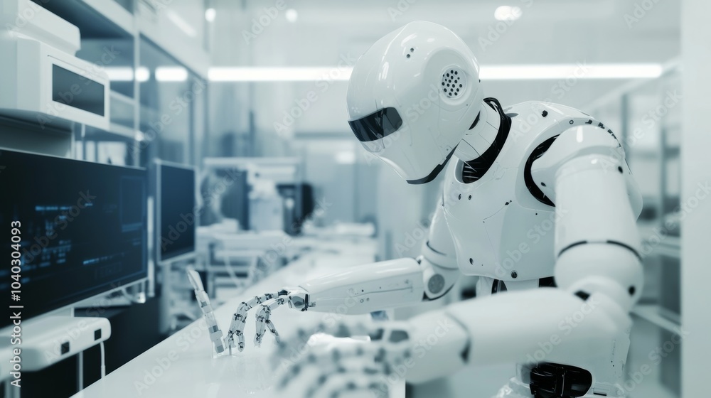 Poster a robotic assistant performing maintenance tasks in a cutting-edge aerospace research lab, clean and