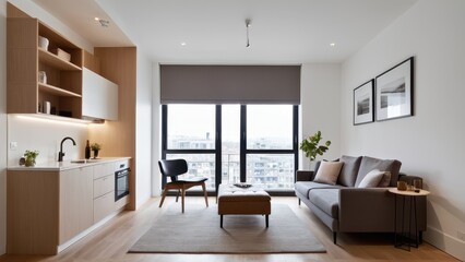 A modern bedroom with wooden elements features a cozy bed, sleek desk setup, built-in shelves, and natural light through large windows.