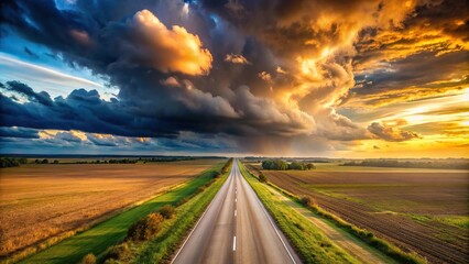 Naklejka premium Aerial view of country road under dramatic cloudy sky