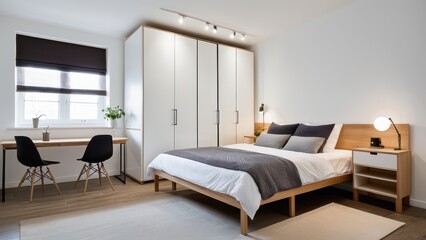 A modern bedroom with wooden elements features a cozy bed, sleek desk setup, built-in shelves, and natural light through large windows.