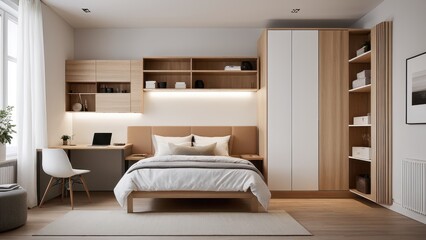 A modern bedroom with wooden elements features a cozy bed, sleek desk setup, built-in shelves, and natural light through large windows.