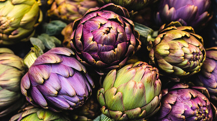 Fototapeta premium bunch of fresh, ripe, and colorful organic artichokes, symbolizing health, longevity, and natural abundance. Their intricate petals represent growth, protection, and layers of complexity