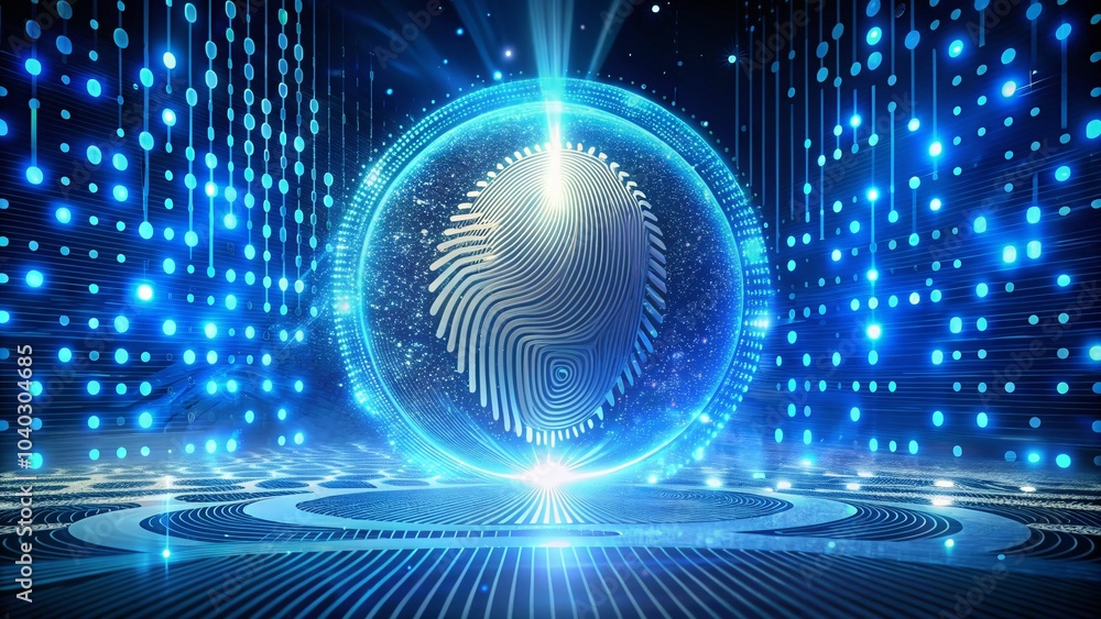 Poster surreal digital identity concept with blue binary numbers and magnified fingerprint for cybersecurit