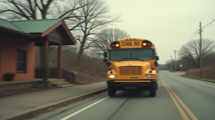 Fototapeta premium The yellow school bus is seen traveling on a road lined with houses and trees in autumn colors