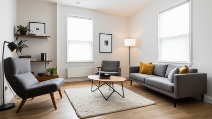 Modern living room with neutral tones, beige sofa, mustard pillows, coffee table, floor lamps, TV unit, plant, artwork, and natural light through window.