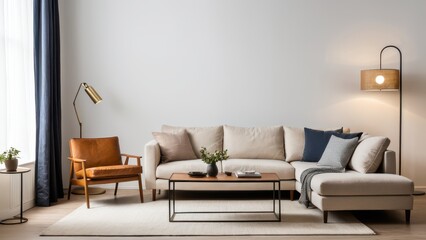 Modern living room with neutral tones, beige sofa, mustard pillows, coffee table, floor lamps, TV unit, plant, artwork, and natural light through window.