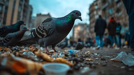 Obraz premium Pigeon scavenging for food in a city street.