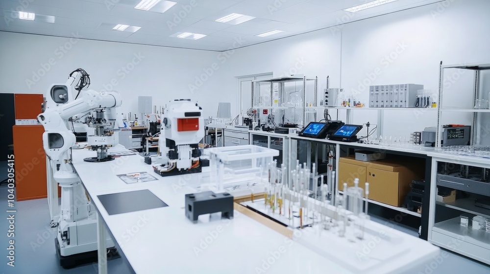Poster A robotic automation lab with various robotic prototypes and advanced testing equipment, clean and experimental environment with a focus on innovation, Experimental style