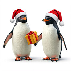 Fototapeta premium penguins in santa hat with gift box on white background