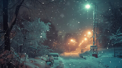 Snowy night scene, street lights bright.