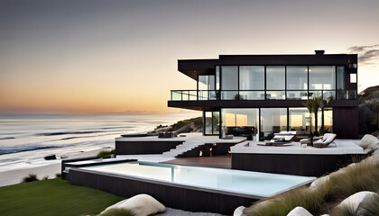 Obraz premium Sleek Beachfront Home with Ocean Views and Modern Design