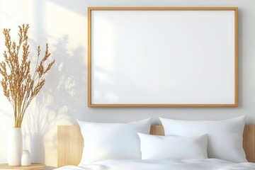 Minimalist bedroom with soft pillows and a blank painting on the wall showcasing modern design elements
