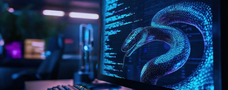 A computer screen displaying Python code with a digital snake, symbolizing the application of Python programming in data engineering and software development.