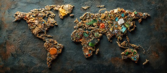 World map made from trash symbolizing the impact of pollution.