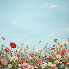 A vibrant spring landscape filled with colorful flowers and butterflies.